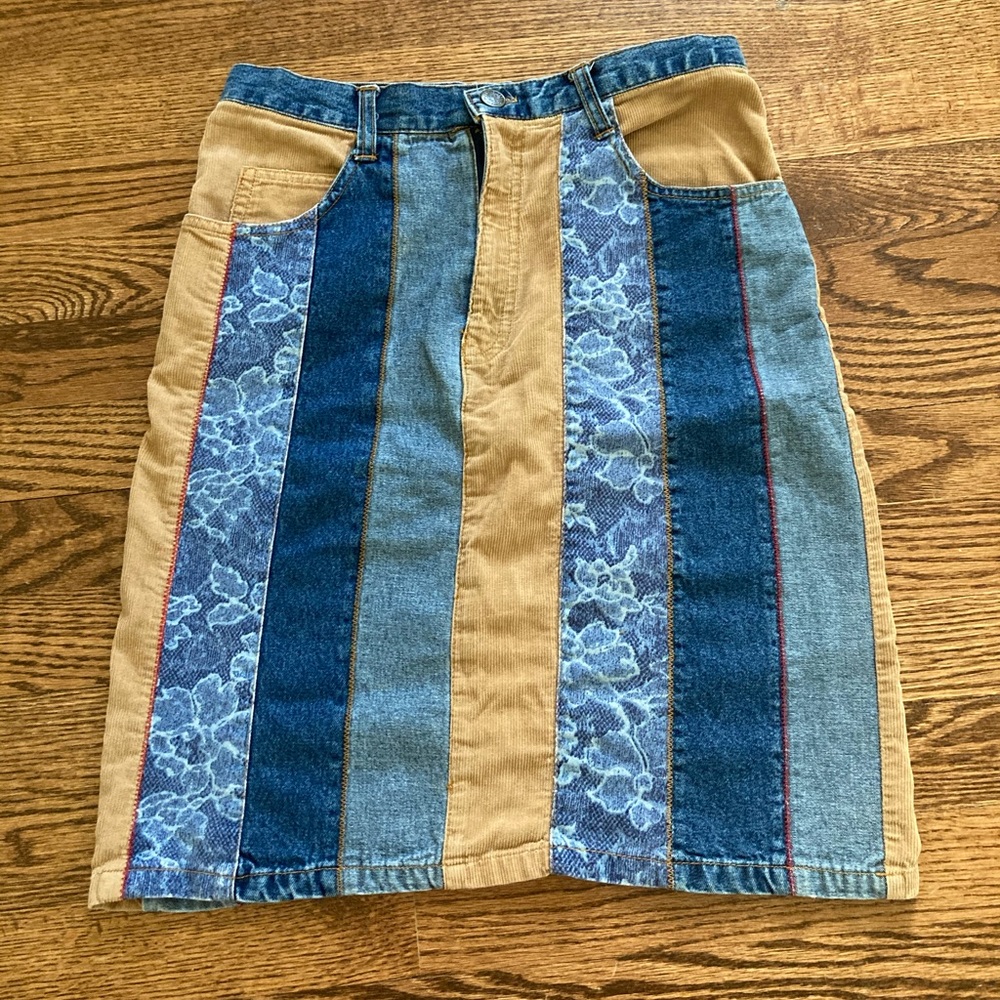 Vintage 90s 00s Y2K patchwork lace cord suede denim skirt Mary-Kate and Ashley